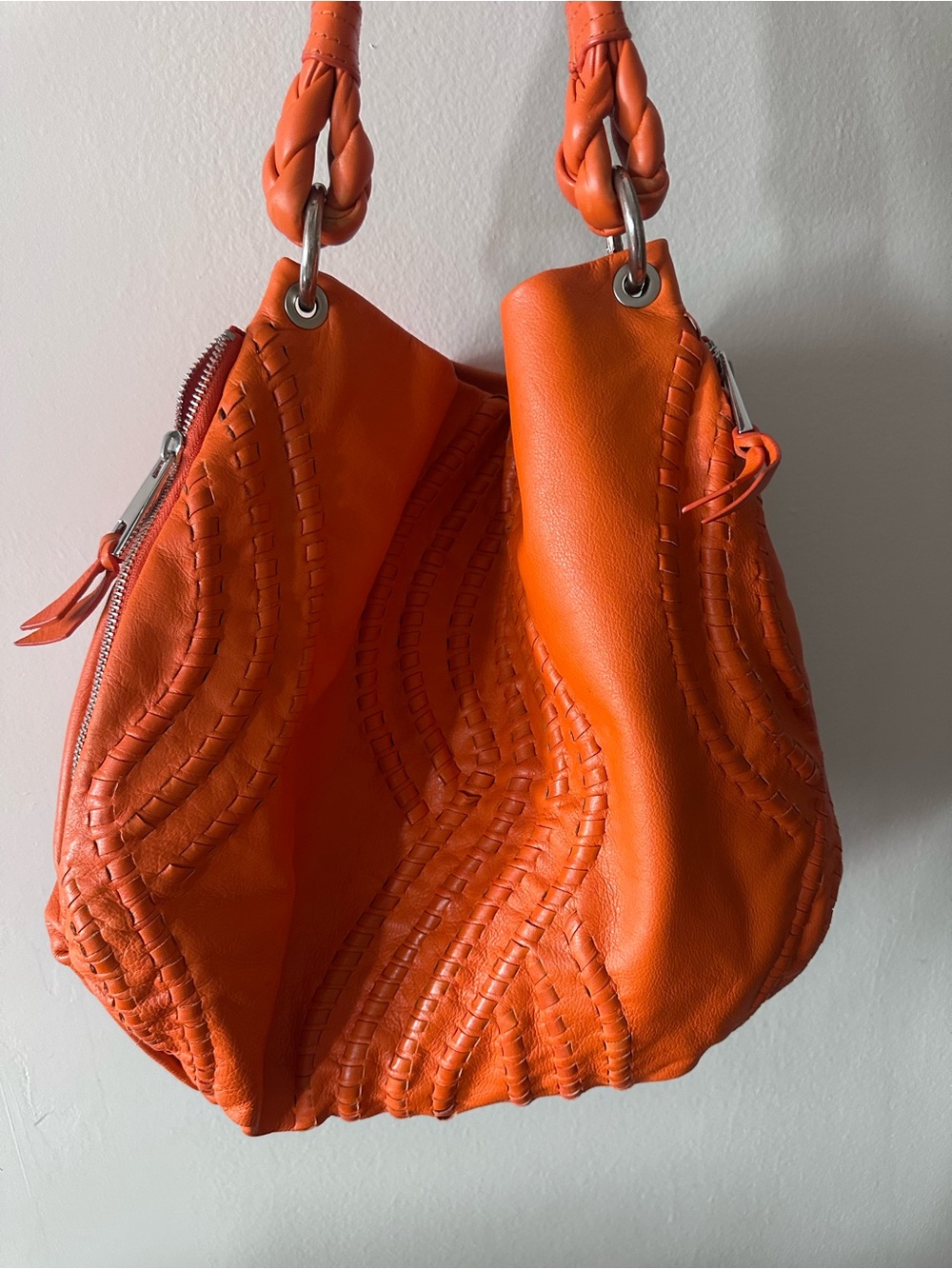 Orange Woven Leather Hobo Bag